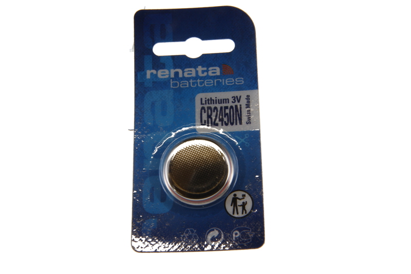 Renata Lithium CR2450N 3V Knopfzelle in ungeöffneter blauer Blisterverpackung. Goldfarbene runde Backup-Batterie mit feiner Gitterstruktur sichtbar. Aufdruck: Renata, Lithium 3V CR2450N, Swiss Made. Recycling- und Kinderwarnsymbole.