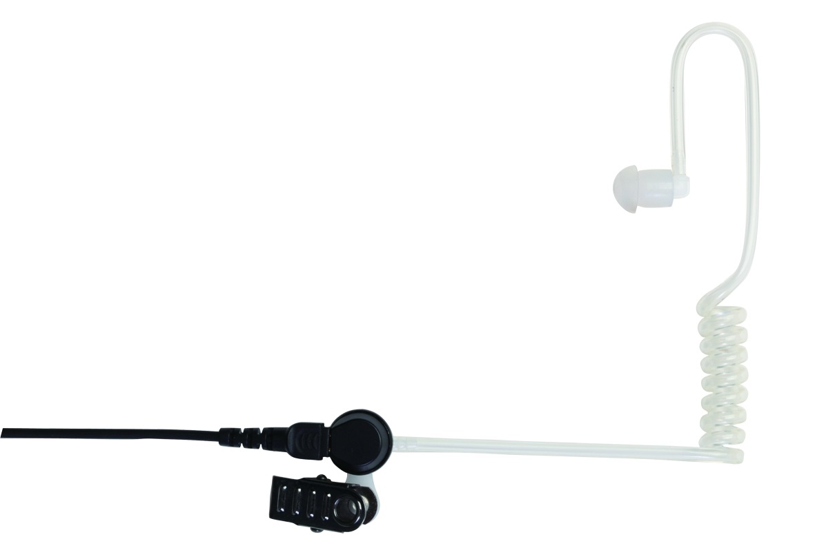 Auriculares con micrófono de 3 cables con tubo en espiral transparente y almohadillas de silicona suave para una comunicación discreta. Cable negro que conecta con la unidad de transductor redonda con clip de sujeción. Ideal para EADS/Airbus THR9/THR9i.