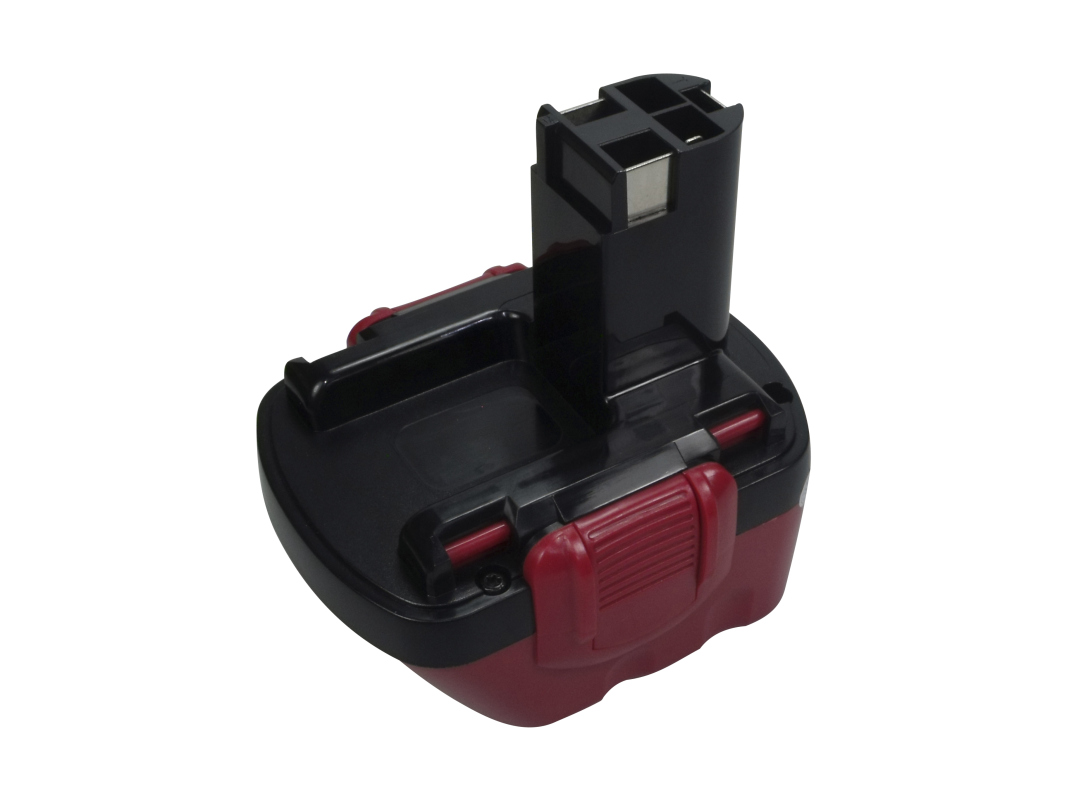CoPacks NiMH battery for Bosch, dark red/black. Rectangular with a black connector block and metal contacts on top. Two dark red release buttons on the side. Type 2607335262.