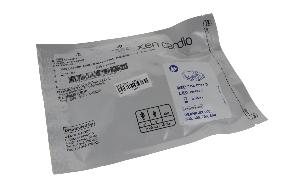 Envase de lámina gris sellado para electrodos/almohadillas Defi originales para adultos, compatibles con Reanibex 200, 300, 500, 700, 800. Muestra la info del producto y caducidad. Visible «Bexen cardio».