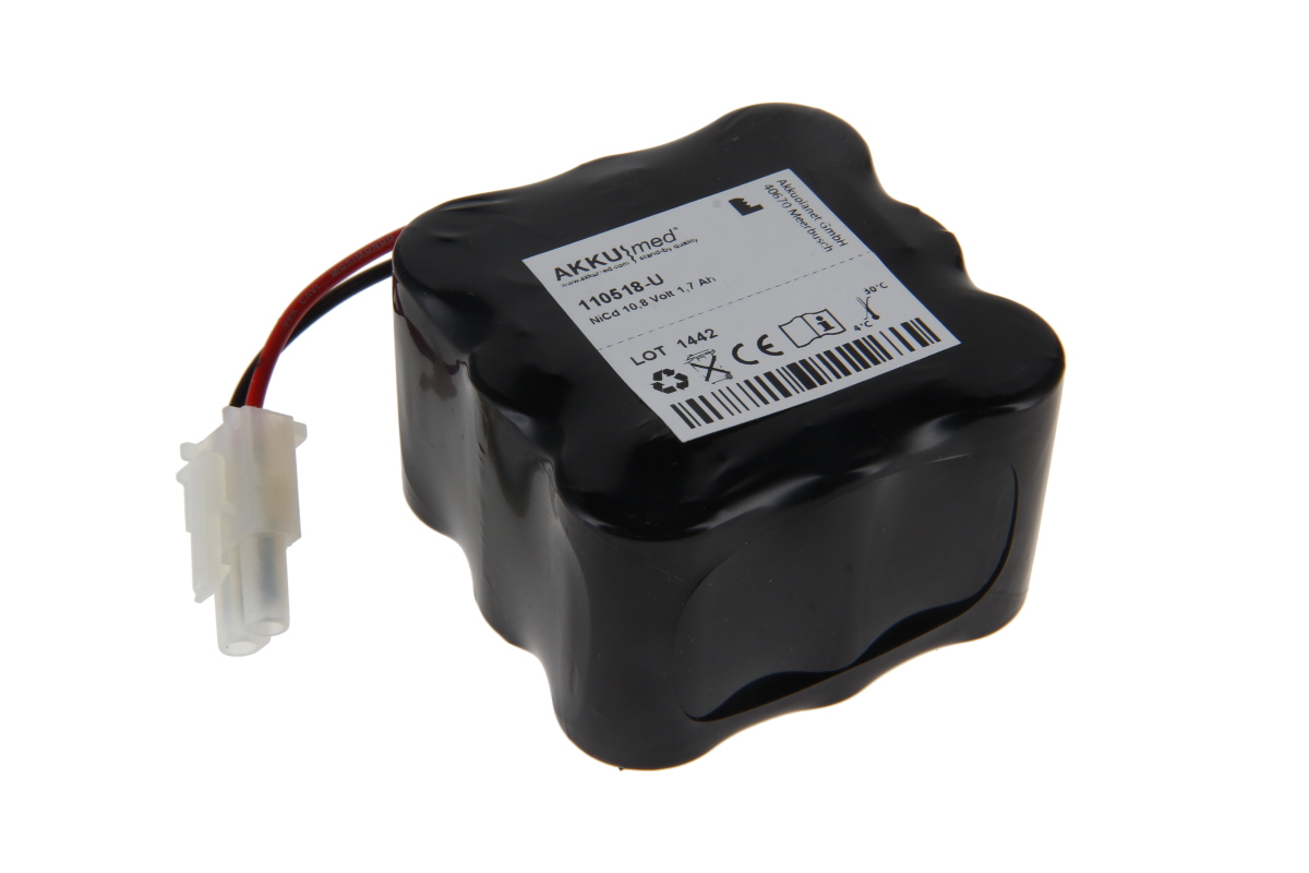 Schwarzer, kompakter Akkuumbau mit runden Ecken. Oben weißes Etikett "AKKUmed", "NiCd 10.8 Volt 1.7 Ah" und Sicherheitszeichen. Rote/schwarze Kabel mit weißem Stecker, passend für Merck Luftkeimsammler MAS-100.