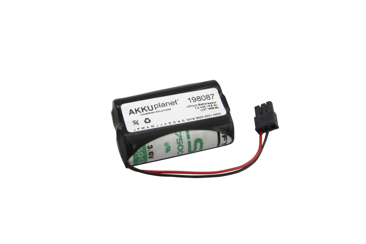 Batería de litio rectangular negra akkuplanet, n.º de art. 198087. 7,2 V, 3,6 Ah, con cables rojos y negros y conector negro. Compatible con los sistemas de ABB Robotics.