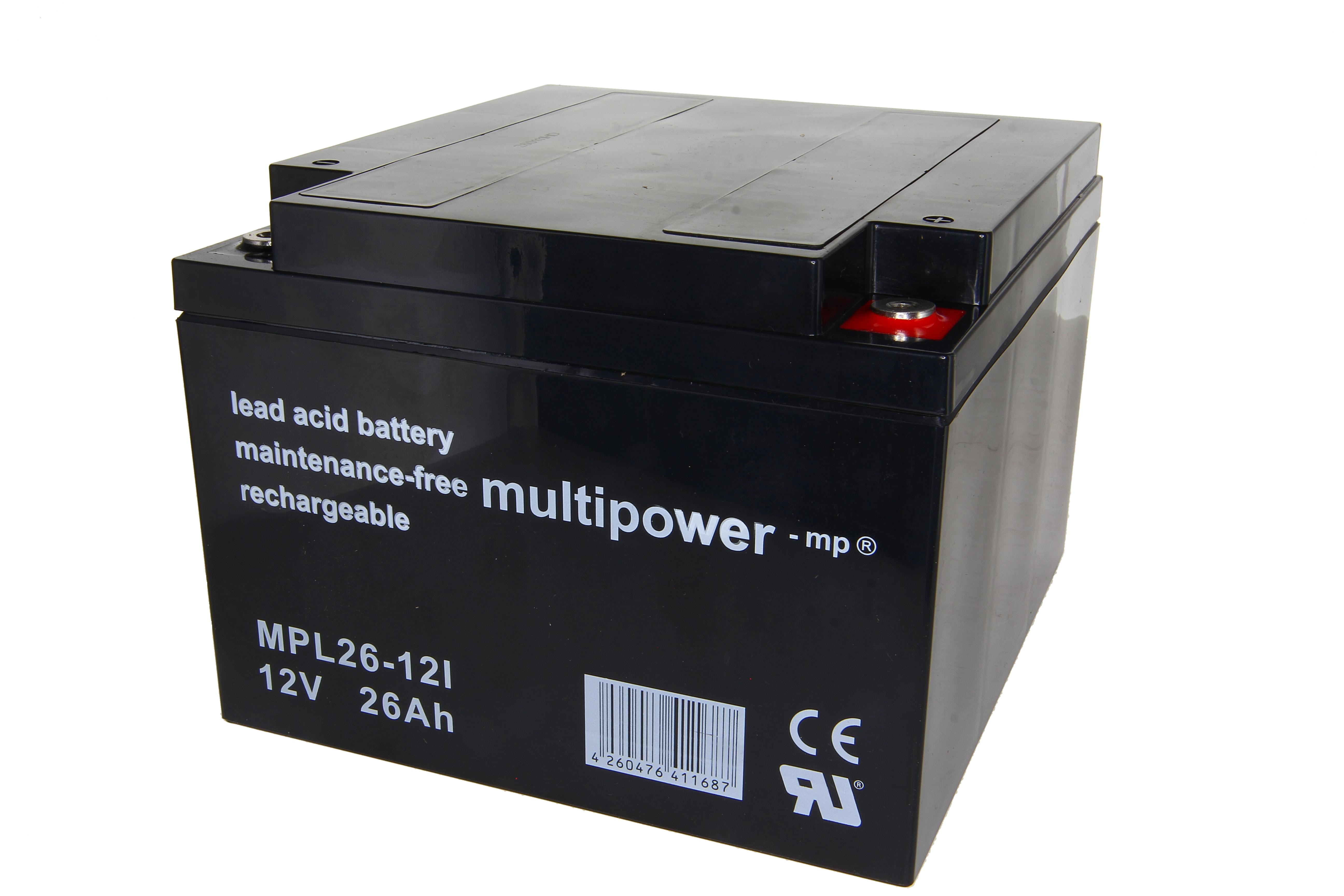 Black, rectangular Multipower MPL26-12I lead-acid battery with white lettering: ‘lead acid battery’, ‘maintenance-free’, ‘rechargeable’, ‘12V 26Ah’ and manufacturer’s logo. Red positive terminal in the top right-hand corner. Barcode and CE mark.