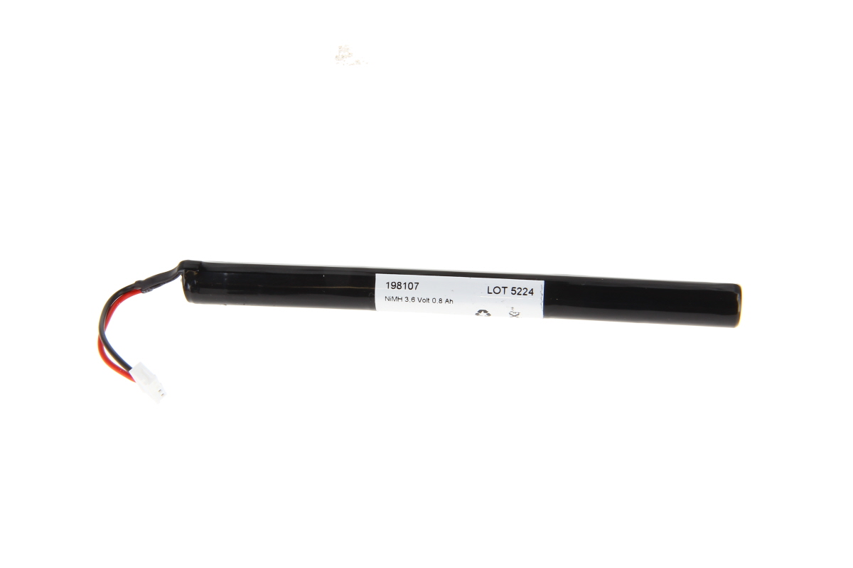 Pacchetto batterie NiMH nero e cilindrico appoggiato orizzontalmente su una superficie bianca. Etichetta bianca: «NiMH 3,6 Volt 0,8 Ah». Cavi rossi e neri collegati a una piccola spina bianca. Sostituisce i modelli Varta e 3/VH700AAA.