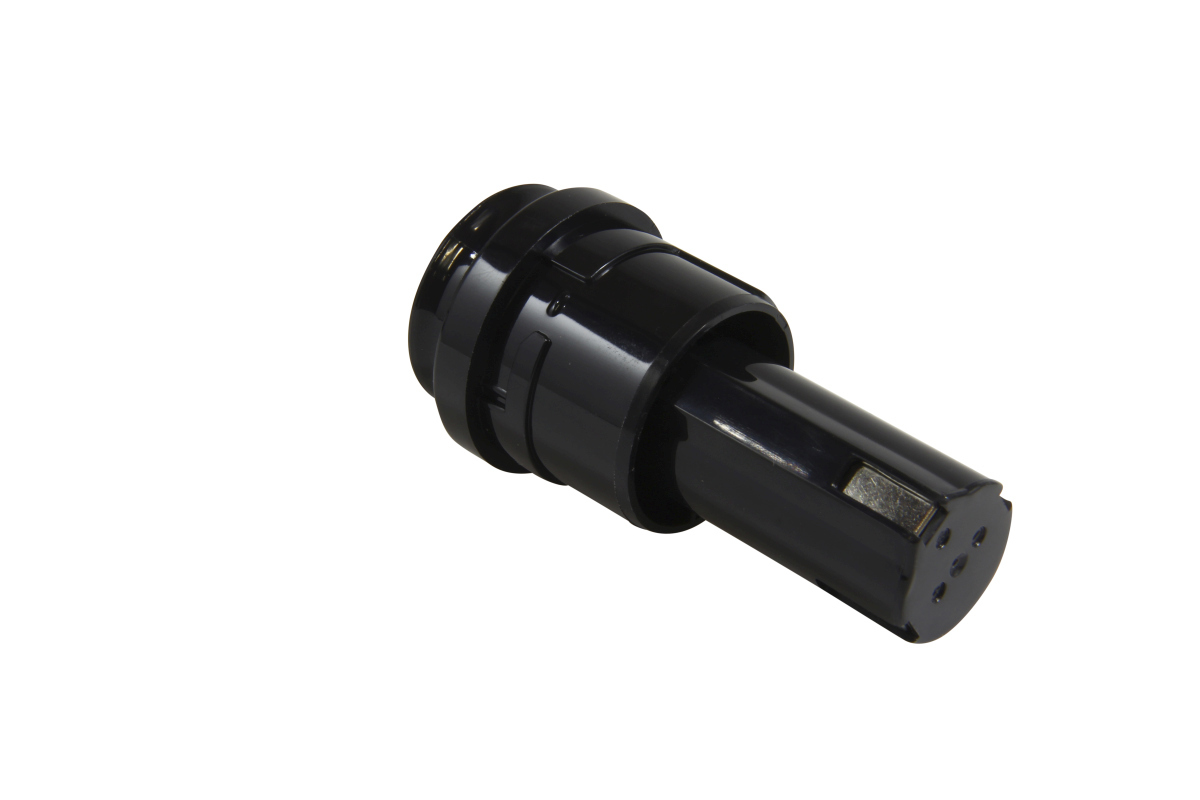 Black cylindrical NiMH battery for power tools, compatible with the ABB Minifix Type 210. Battery pack with a wider base, tapering to a narrow end with 3 round contact sockets and a rectangular contact on the side, glossy black.