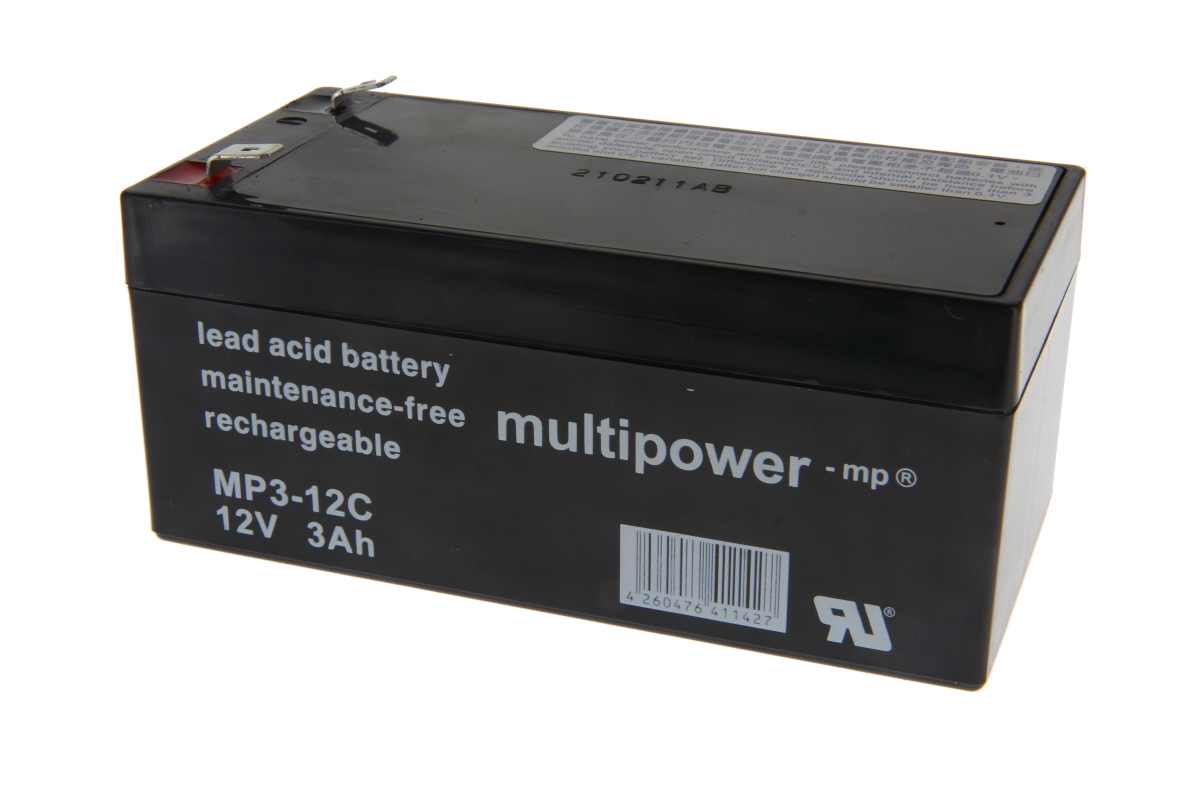 Svart, rektangulärt Multipower blybatteri MP3-12C, 12 V, 3 Ah. På sidan står det "lead acid battery", "maintenance-free", "rechargeable" och logotypen Multipower. Två silverplintar upptill, den ena rödmarkerad.