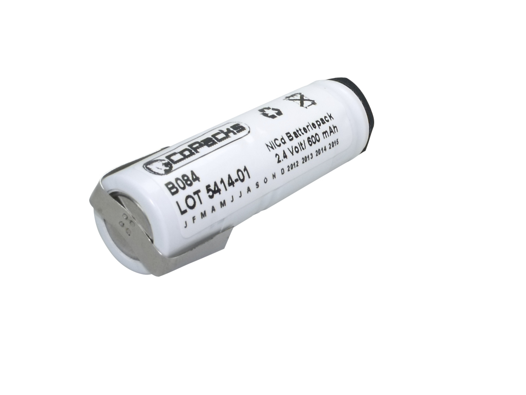 Batteria ricaricabile NiCd CoPacks bianca, cilindrica, con cappuccio nero e contatto argentato a un'estremità. Sulla custodia: "COPACKS", "NiCd Batteriepack", "2,4 Volt / 600 mAh"; per cercapersone Bosch FME84.