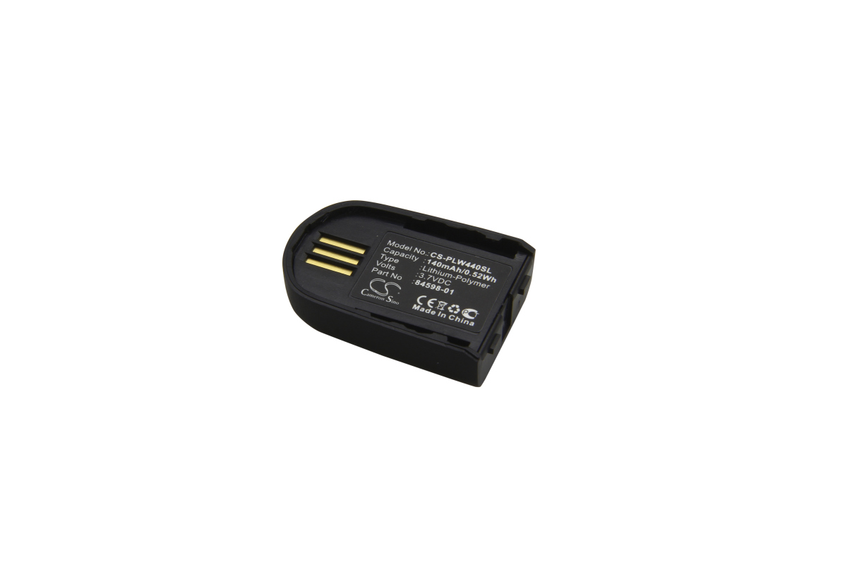Piccola batteria ai polimeri di litio nera di forma rettangolare, leggera se vista dall'alto, con 3 strisce di contatto dorate su un lato corto. Etichetta: CS-PLW440SL, 140 mAh, 3,7 V, 84598-01; per cuffie Savi W440 di Plantronics.