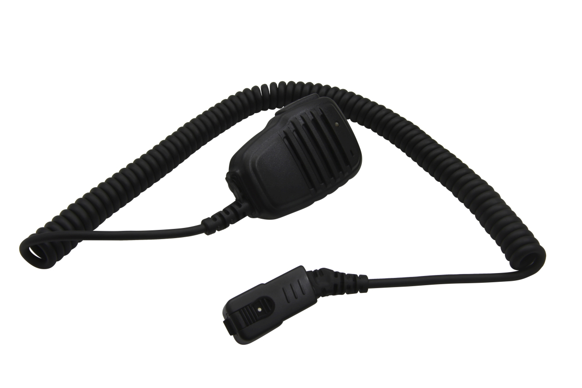 Microfono con altoparlante portatile nero con corpo scanalato e griglia per microfono/altoparlante. Cavo a spirale lungo con connettore e piccolo cursore bianco. Compatibile con apparecchi radio come EADS/Siemens TPH700.