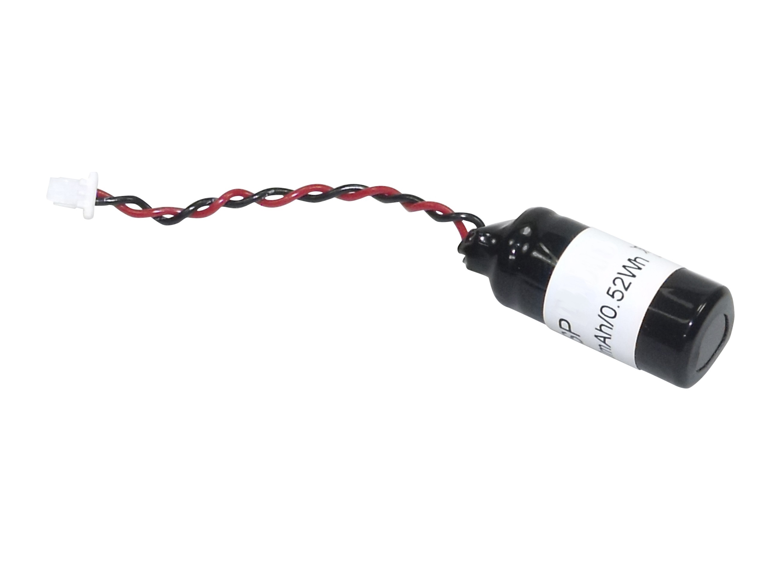 Small black cylindrical Li-Ion backup battery with a white label bearing the inscription ‘mAh/0.52Wh’. At one end, red and black twisted wires lead to a small white connector. Suitable for the PSION BP06-000310 or TEKLOGIX Workabout Pro.