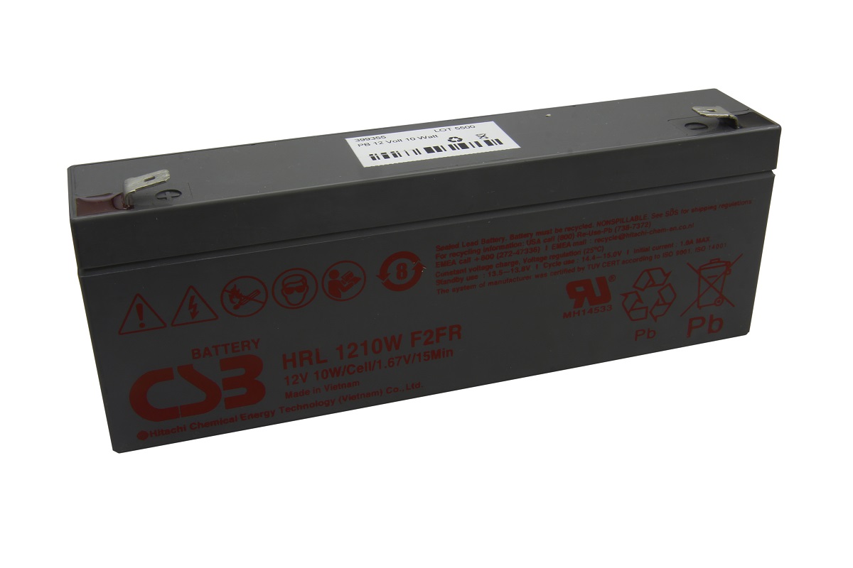 Batteria al piombo-gel CSB grigio scuro HRL1210WF2FR con due connettori Faston da 6,3 mm sulla parte superiore. Involucro con logo CSB rosso, numero di modello, 12V 10W/cella, simboli di avvertenza e riciclaggio. Etichetta: "PB 12 Volt 10 Watt".