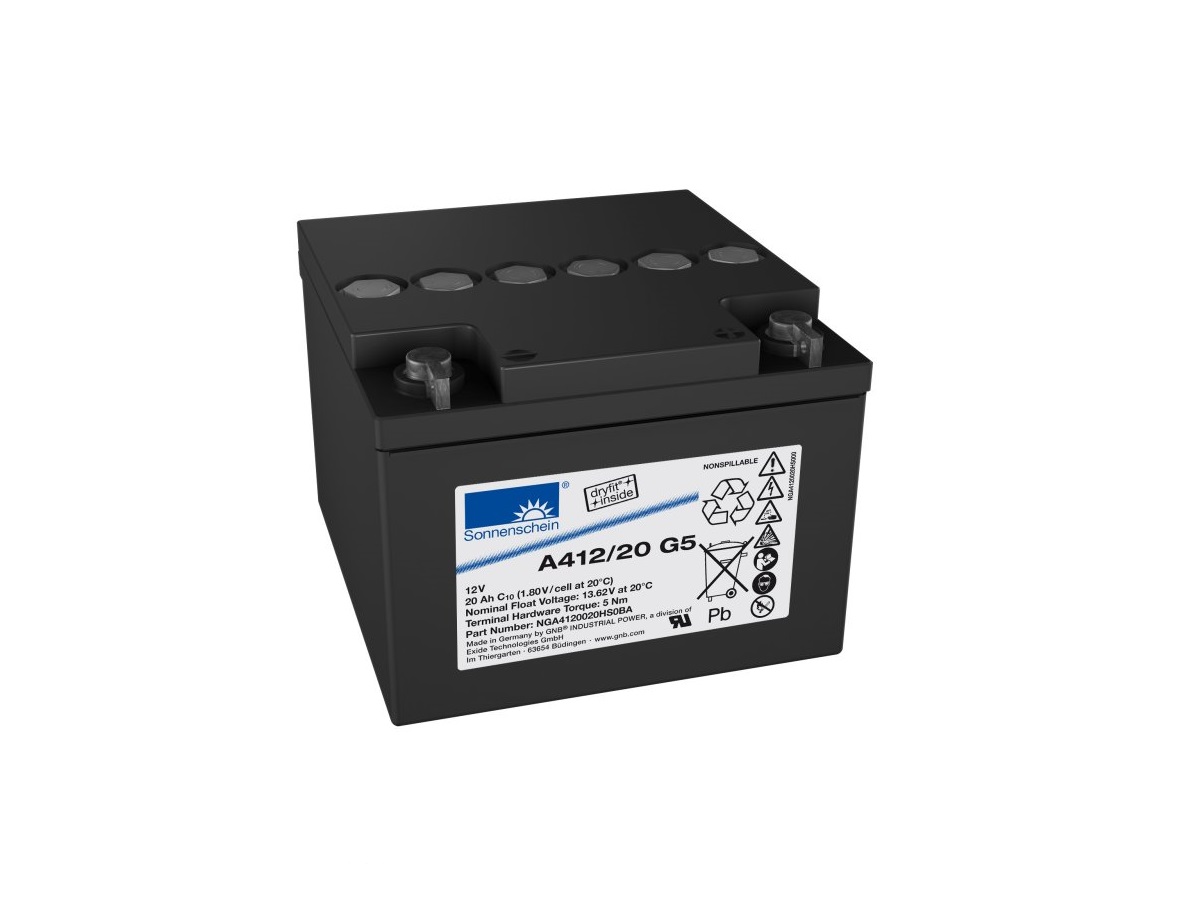 Sonnenschein/Exide batteria al piombo-gel nera rettangolare Sonnenschein A412/20 G5 con due morsetti argentati superiori. Lato anteriore: logo Sonnenschein, n. modello, 12 V/20 Ah, simboli sicurezza, avvertenza «NON-SPILLABLE».
