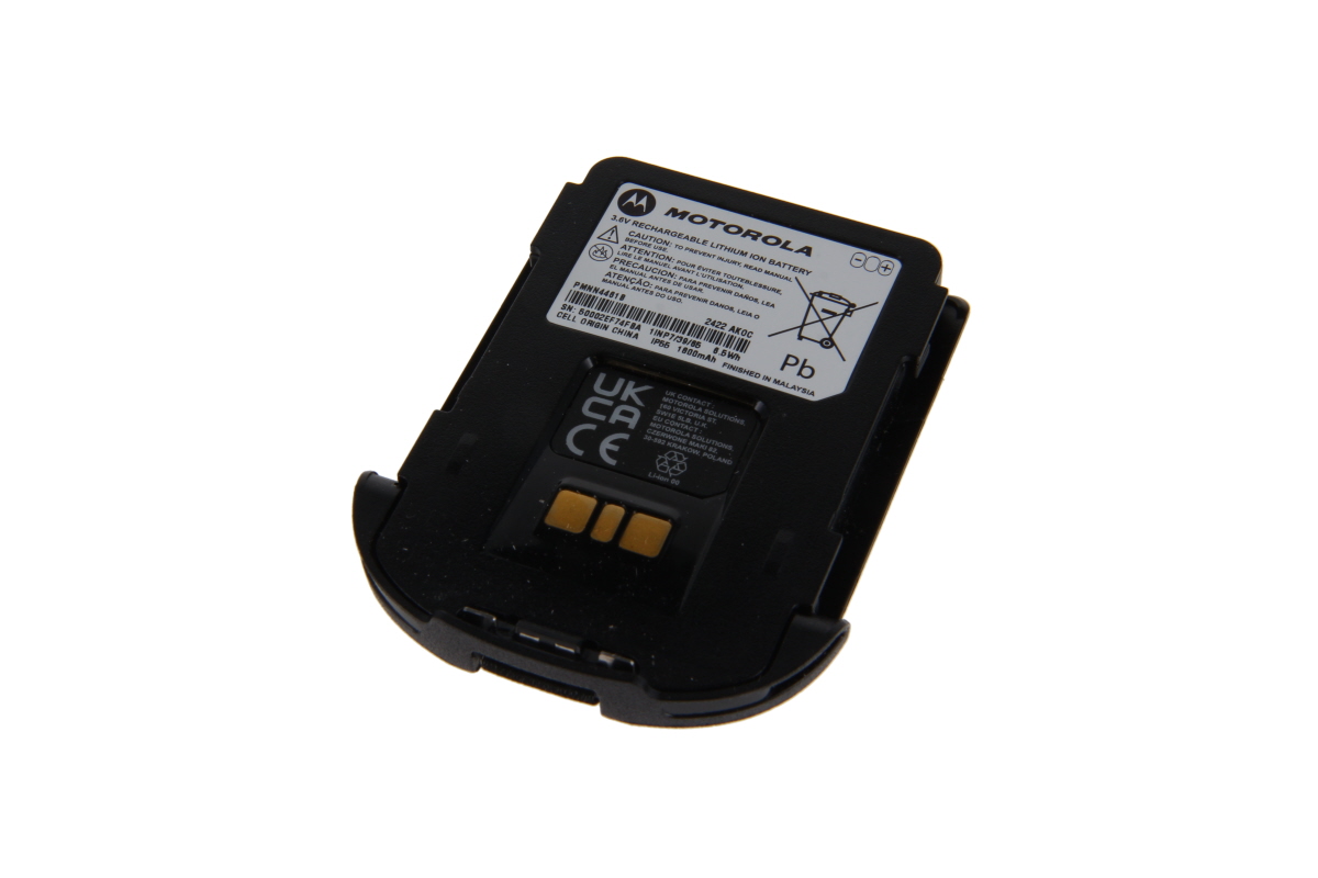 Black, rectangular ‘ Motorola ’ Li-Ion battery (PMNN4461B) on a white background. White label showing the manufacturer, model number, “3.6V RECHARGEABLE LITHIUM ION BATTERY” and symbols (crossed-out wheelie bin, “Pb”). Three gold contacts at the bottom.
