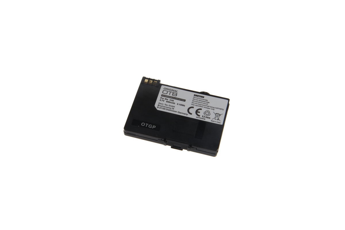Schwarzer Lithium-Ionen-Akku mit 3 Kontakten. Aufschrift: 'ORIGINAL OTB', 'RECHARGEABLE LI-ION BATTERY', '3.7V 850mAh 3.15Wh', 'For Sie C55'. CE-Zeichen und Li-Ion-Symbol sichtbar. Passt für Siemens SL3 und Gigaset SL150.