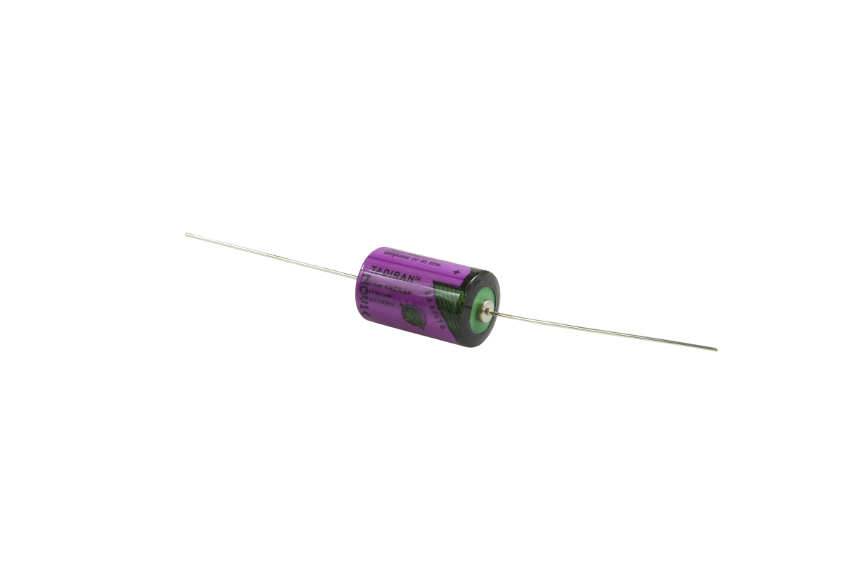 Purple cylindrical Tadiran SL350P lithium battery with green end caps and long, thin axial lead wires protruding horizontally from both sides. On the casing: ‘TADIRAN’, ‘HIGH ENERGY LITHIUM BATTERY’, ‘3.6 VOLTS’.