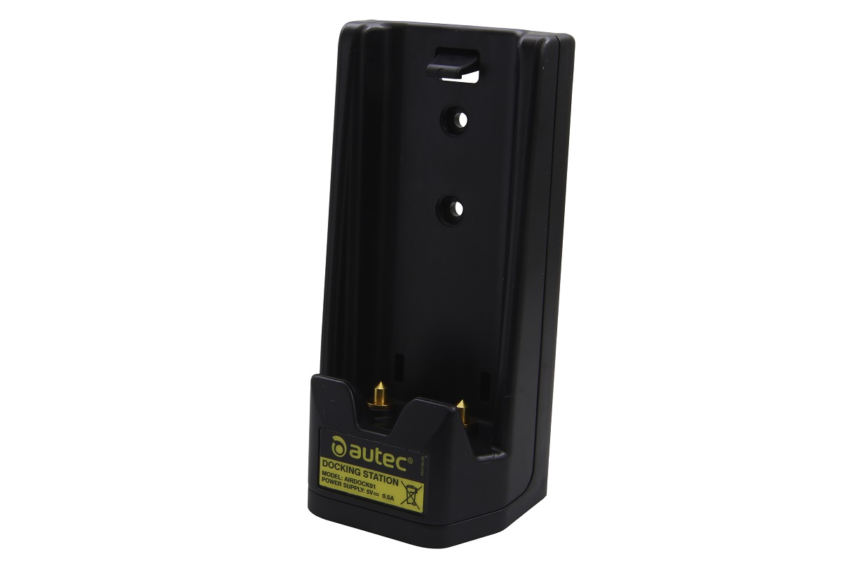 Schwarze, hochformatige Autec-Ladeschale von vorn. Unten zwei goldfarbene Ladekontakte, darüber gelbes Etikett mit Autec-Logo und "DOCKING STATION". Oben zwei Befestigungslöcher und Halteclip. Für Akku AIRBM3V7L.
