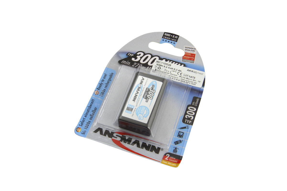 Neue NiMH 8,4V Blockbatterie Typ 300 in Blister auf blau/silberner Kartonrückseite. Beschriftet "ANSMANN", min. 270 mAh, passend für medizinische Geräte wie Sonotechnik Taschendoppler Sonodop 3000. Sofort einsatzbereit, 1000x wiederaufladbar.