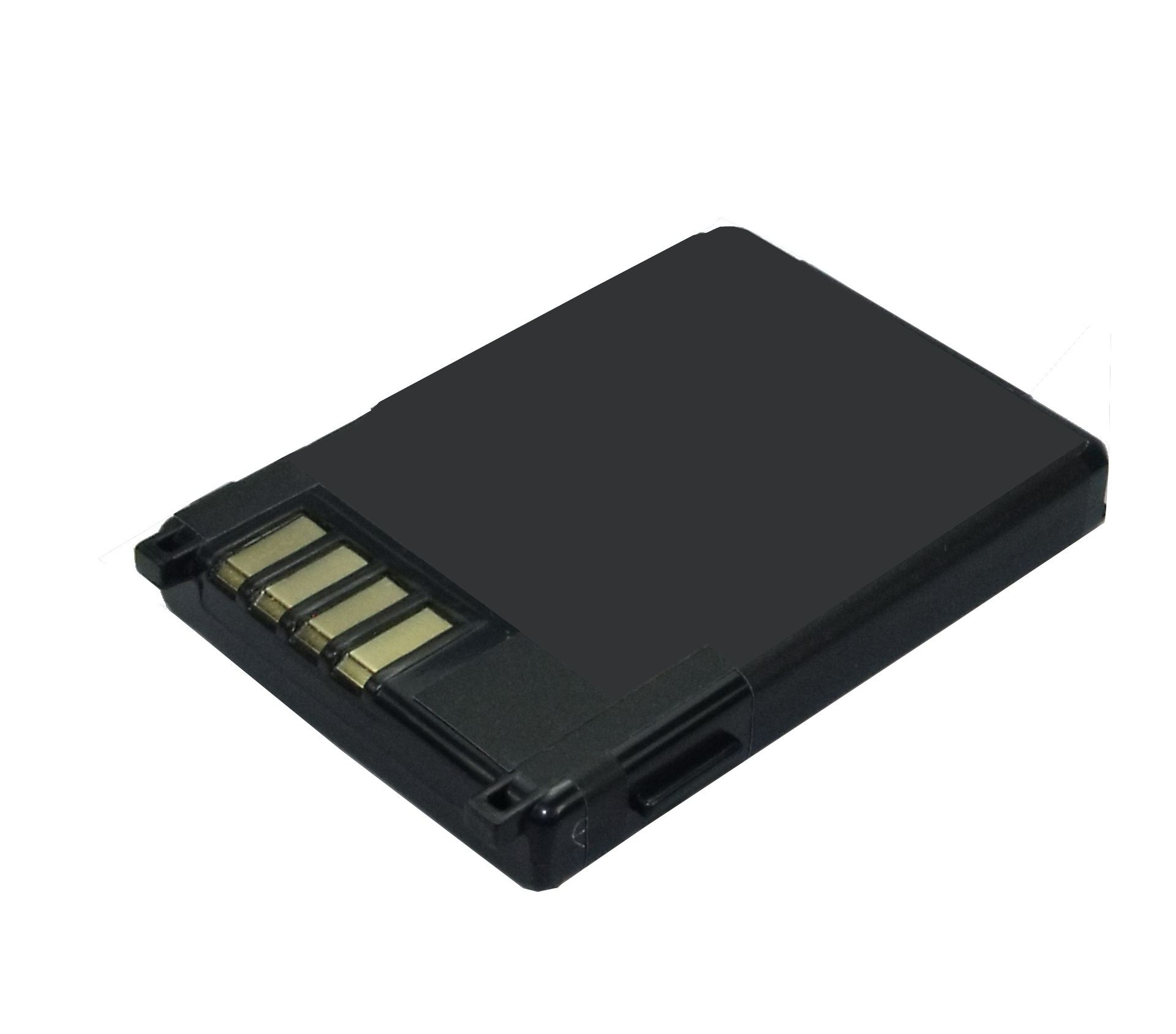 Batería de iones de litio compacta y negra para Unitech PT630/HT630. Carcasa rectangular con bordes redondeados y superficie mate. En un lateral, cuatro pines de contacto dorados en un hueco negro. Vista oblicua desde arriba sobre fondo blanco.