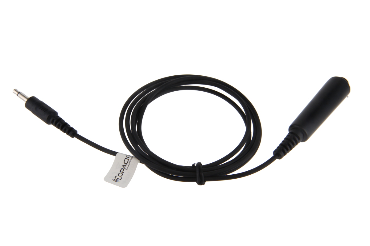 Black ‘ CoPacks ’ Torpedo PTT connection cable, loosely coiled, with a straight 3.5 mm jack plug on the left. On the right is the cylindrical black housing of the low-noise Torpedo PTT button. ‘ COPACKS ’ label on the cable.