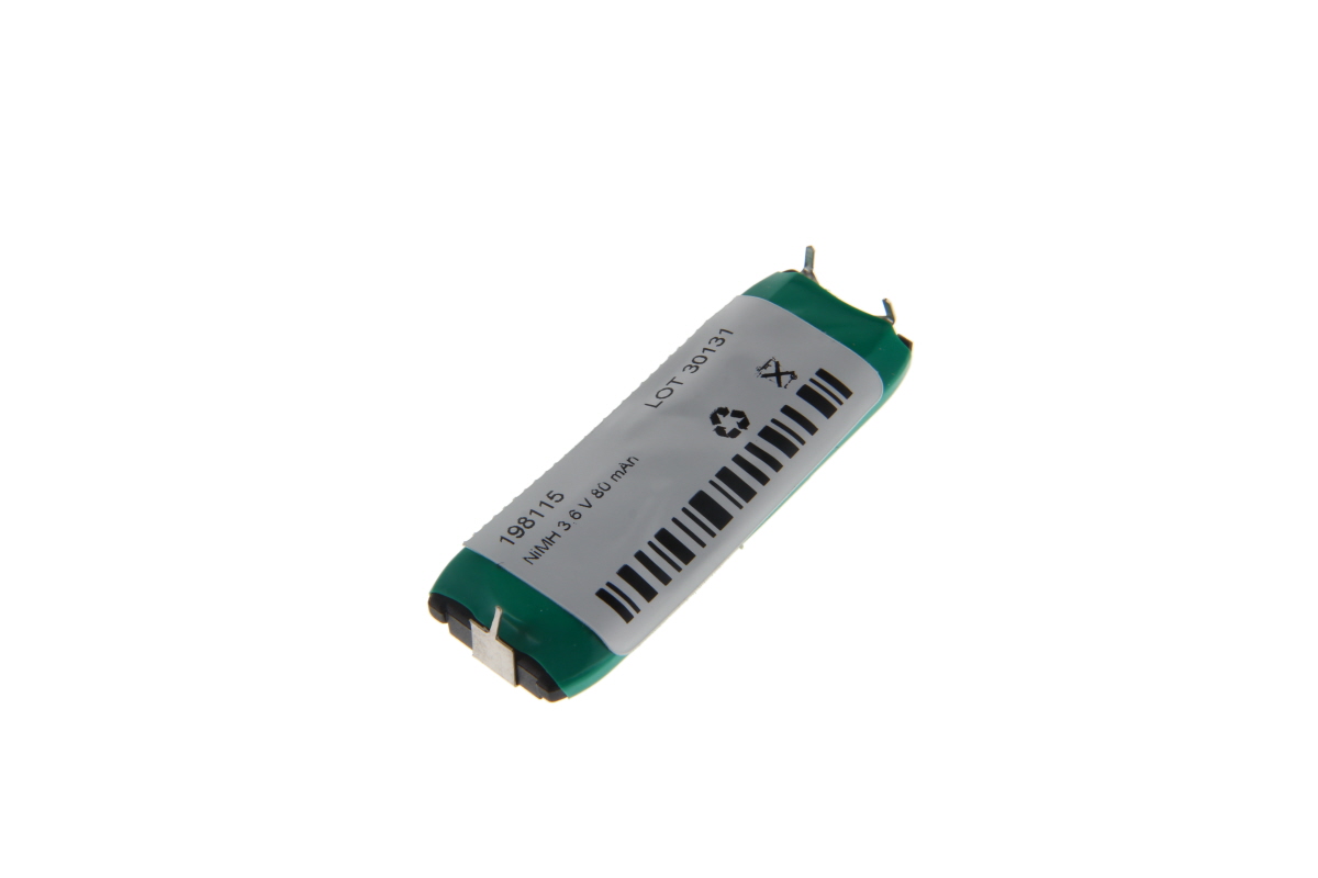 Pacchetto batteria NiMH cilindrico, rivestito di verde con etichetta bianca. Ad un'estremità due terminali di saldatura piatti e orizzontali. Scritta: "NiMH 3,6 V 80 mAh" con numero di lotto e simboli di smaltimento.