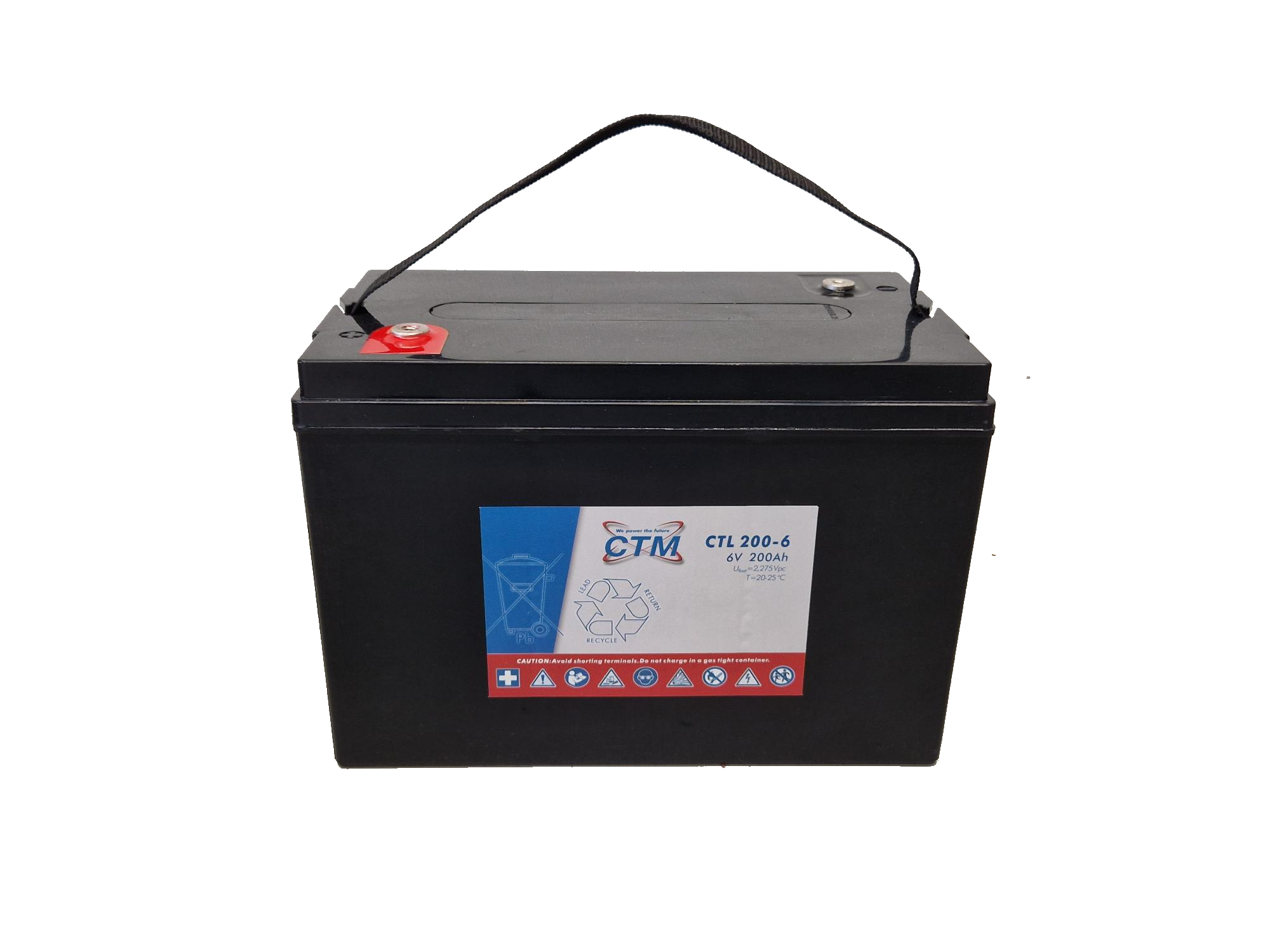 Black, rectangular lead-acid battery from CTM, model CTL200-6, with a black carrying handle. Two terminals on top, the positive terminal marked in red. White label showing 6V 200Ah and safety instructions.