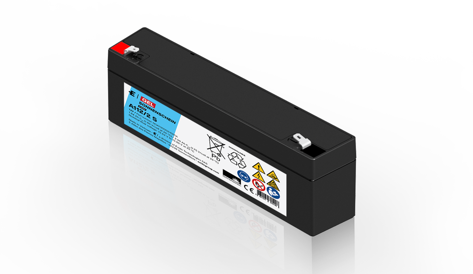 Batteria al piombo-gel Exide Sonnenschein A112/2S, nera e rettangolare. Etichetta blu: "GEL SONNENSCHEIN A112/2 S", "12V", "2,0 Ah", simboli di avvertenza e CE. Estremità con polo positivo rosso e polo negativo nero (Faston).