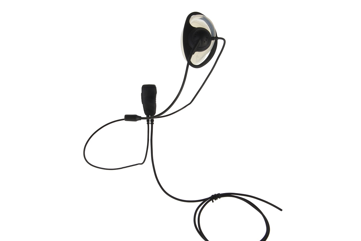 Schwarzes CoPacks Headset ES-P06 mit transparentem Ohrhaken und kleinem schwarzem Bügelmikrofon. Dünne schwarze Kabel verbinden die Teile, teils unten aufgewickelt. Auf weißem Hintergrund, bereit für Funkgeräte.