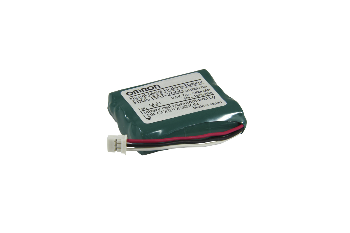 Mörkgrönt, rektangulärt NiMH-batteripaket från Omron, modell HXA-BAT-2000. Märkning: 3,6V, 1900mAh (typ). Tre kablar (röd/svart/vit) till den vita kontakten. Ersättningsbatteri till Omron HBP-1300/HPM-1300.