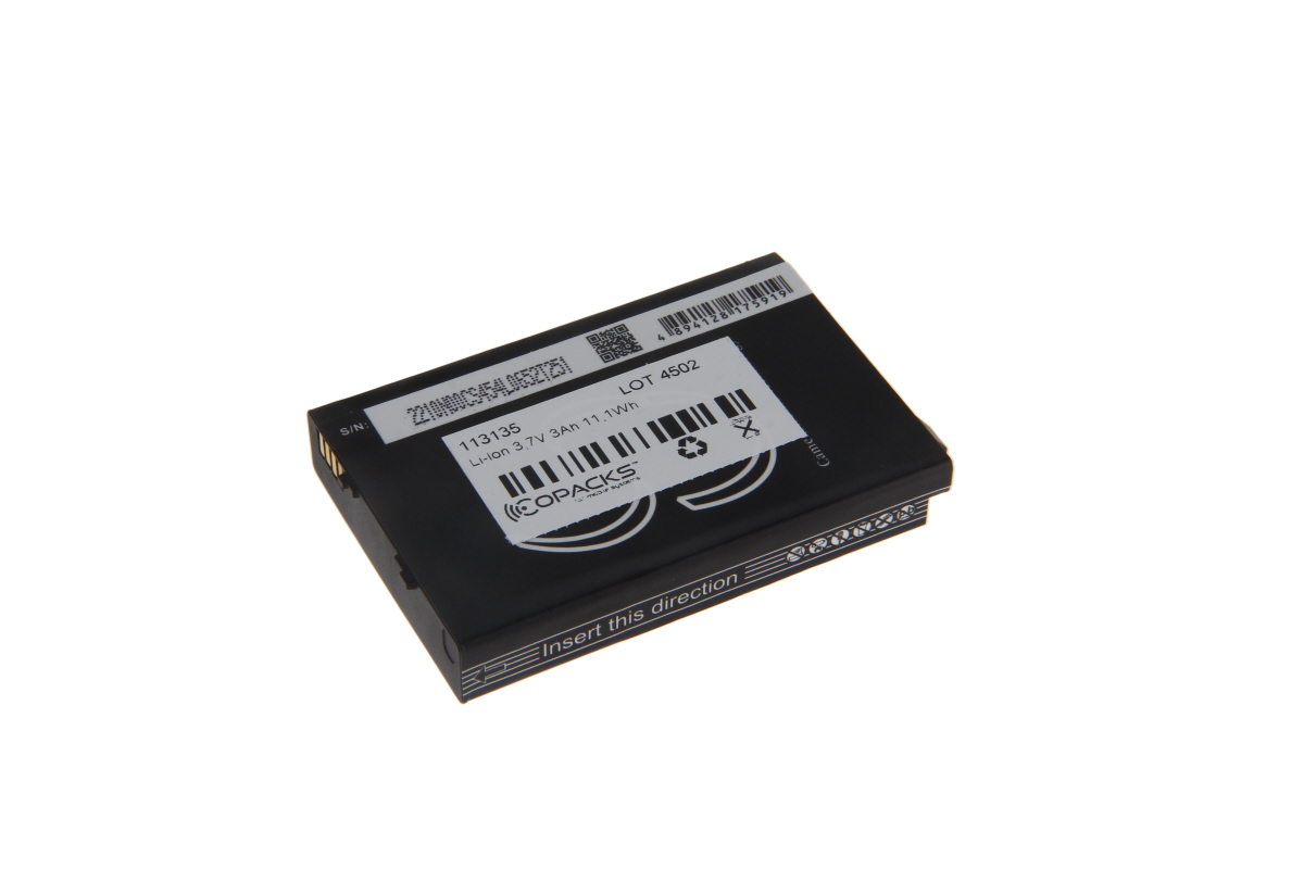 Schwarzer, rechteckiger CoPacks Li-Ion Akku für Zebra MC45/ES400. Weiße Beschriftung: "Li-Ion 3.7V 3Ah 11.1Wh", SN 113135, Barcode, CoPacks-Logo, durchgestrichene Mülltonne. Pfeil zeigt Einsteckrichtung.