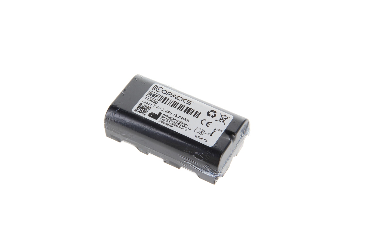 Batería de iones de litio negra « CoPacks » con etiqueta blanca: COPACKS, REF 113030, iones de litio 7,2 V, 2,2 Ah, 15,84 Wh. Compatible con los escáneres Casio IT-2000 e IT-3000, con marcado CE.