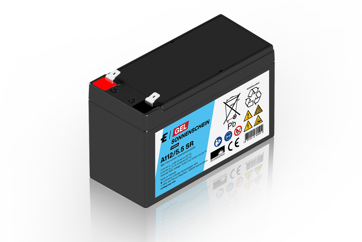 Batteria al piombo-gel Sonnenschein Exide nera, di forma parallelepipeda, modello A112/5.5 SR. Etichetta blu: 12 V, 5,5 Ah, simboli di avvertenza e riciclaggio. Due terminali sulla parte superiore: positivo rosso, negativo nero.