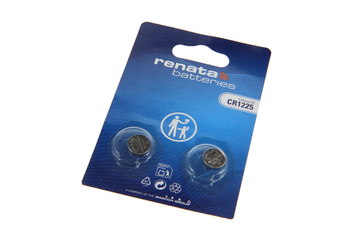 Zwei Renata CR1225 Lithium-Knopfzellen in blauer/weißer Blisterverpackung auf weißem Hintergrund. Aufdruck: "Renata batteries", "CR1225 Lithium 3V" und Sicherheitssymbole inkl. Warnhinweis zum Kinderschutz.